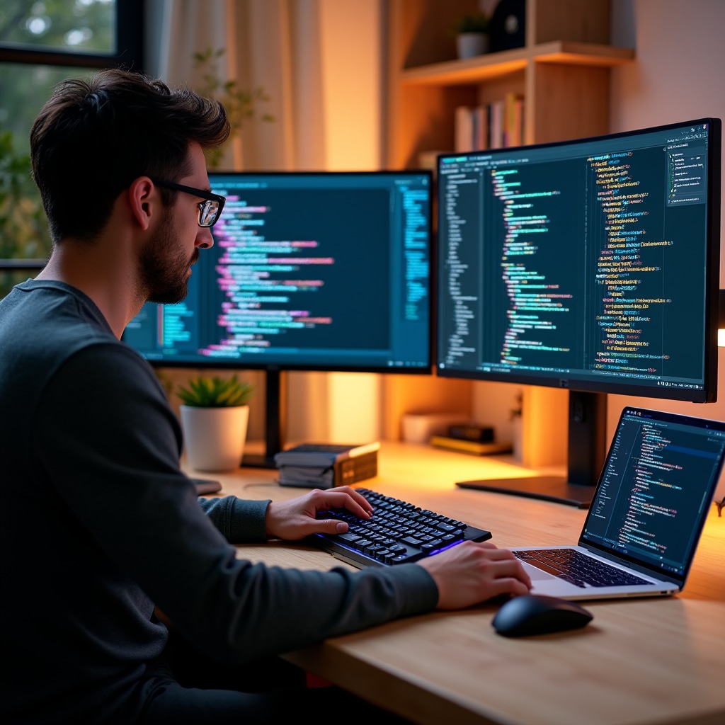 Spațiu de lucru modern pentru programare cu monitoare multiple și cod pe ecran