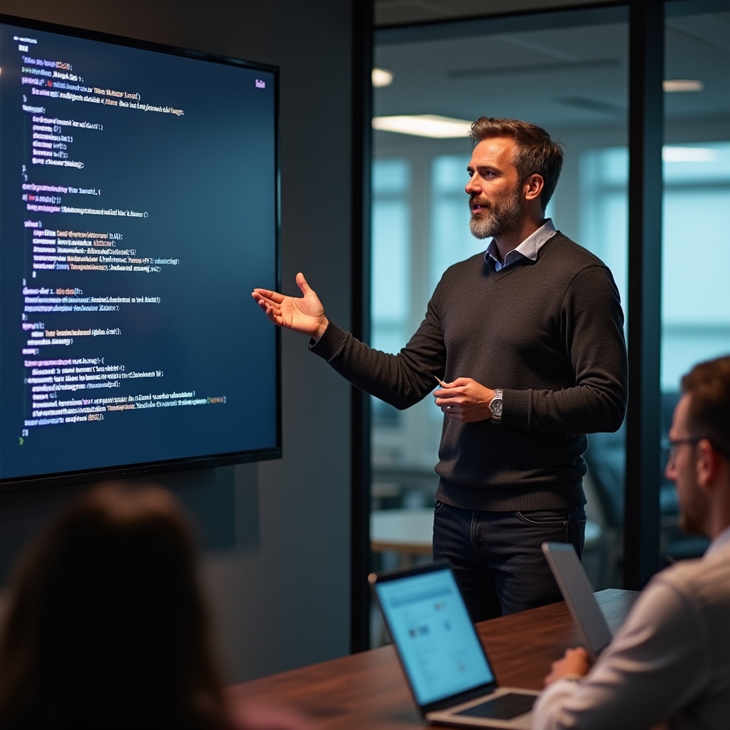 Instructor explicând concepte de programare pe tablă cu cod