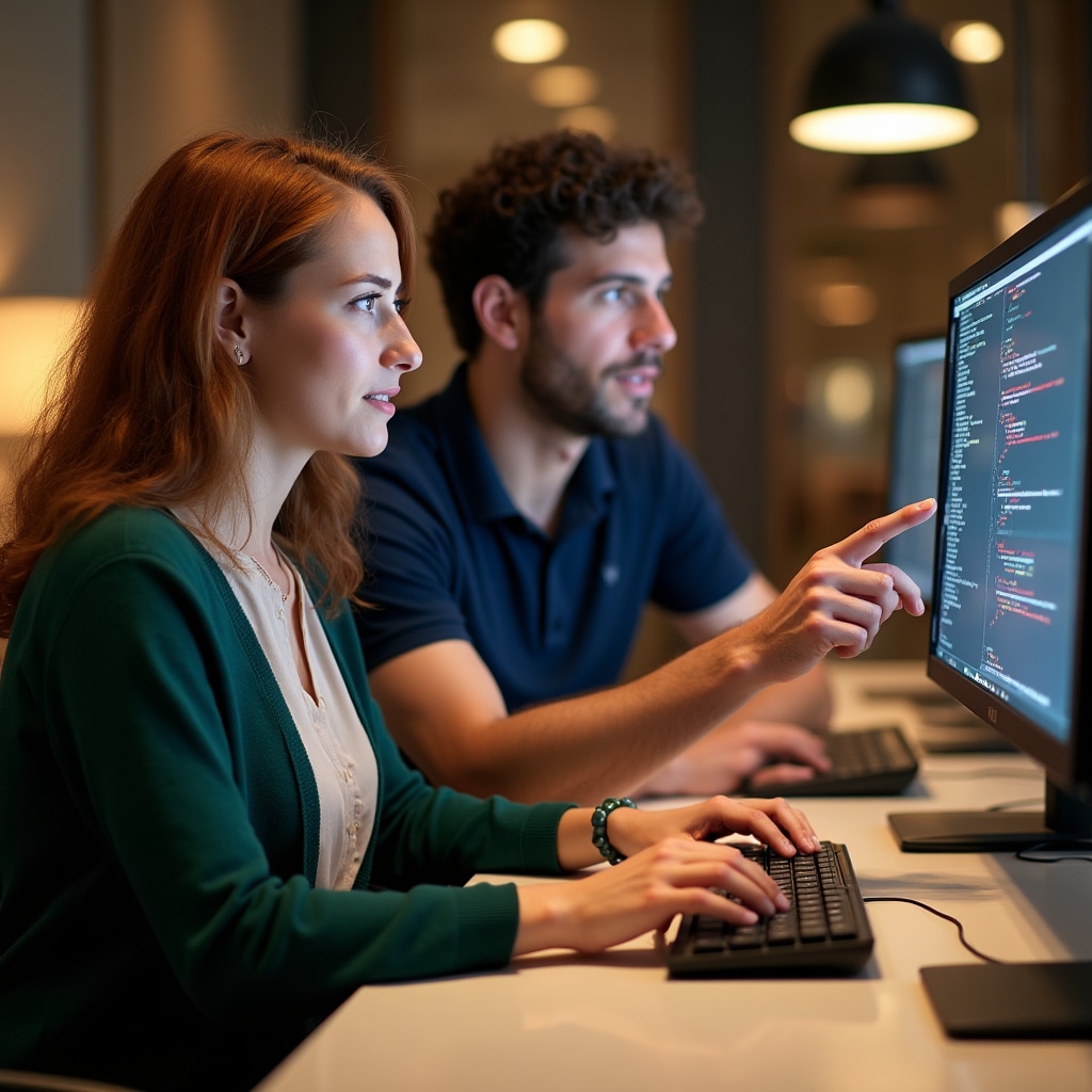 Cursanți lucrând în pair programming pe proiect comun