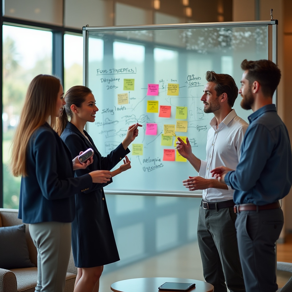 Echipă de dezvoltatori colaborând la tablă în metodologie Agile